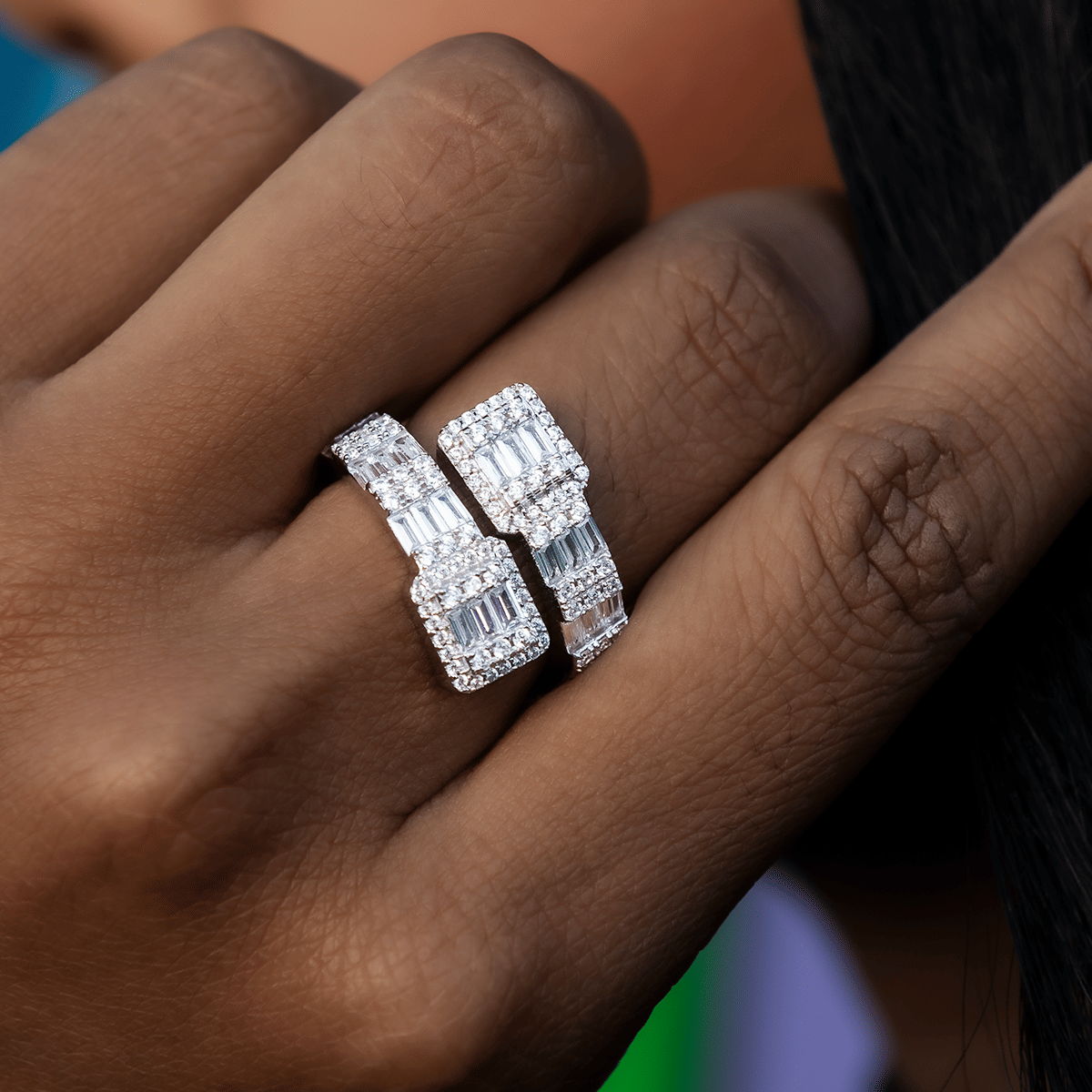 GLD Women Cushion Cut Wrap Baguette Ring in White Gold Vermeil