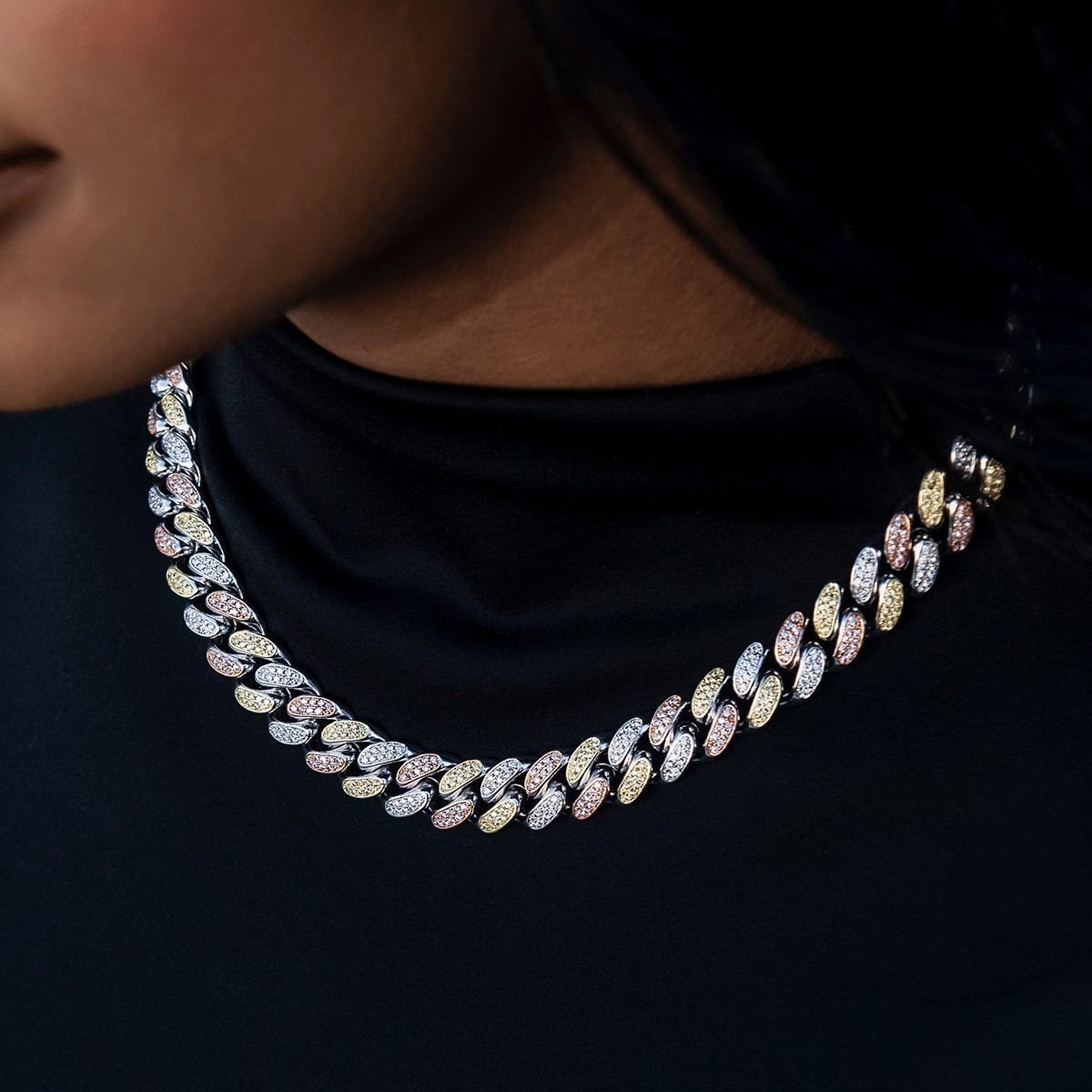 GLD Women Diamond Cuban Link Chain in Yellow/Rose/White Gold - 12 mm