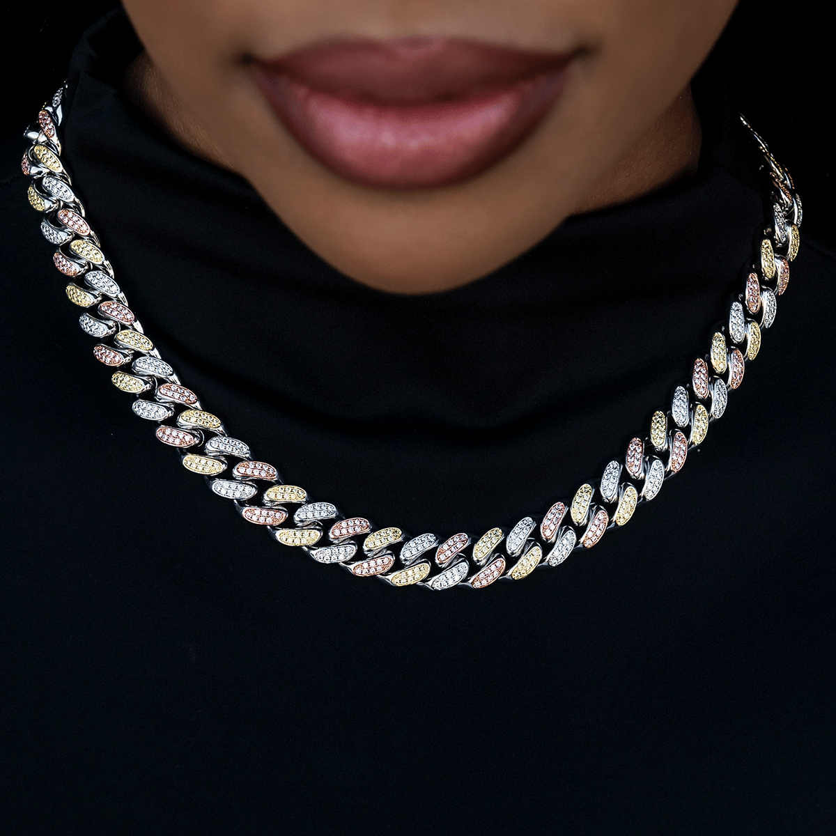 GLD Women Diamond Cuban Link Chain in Yellow/Rose/White Gold - 12 mm