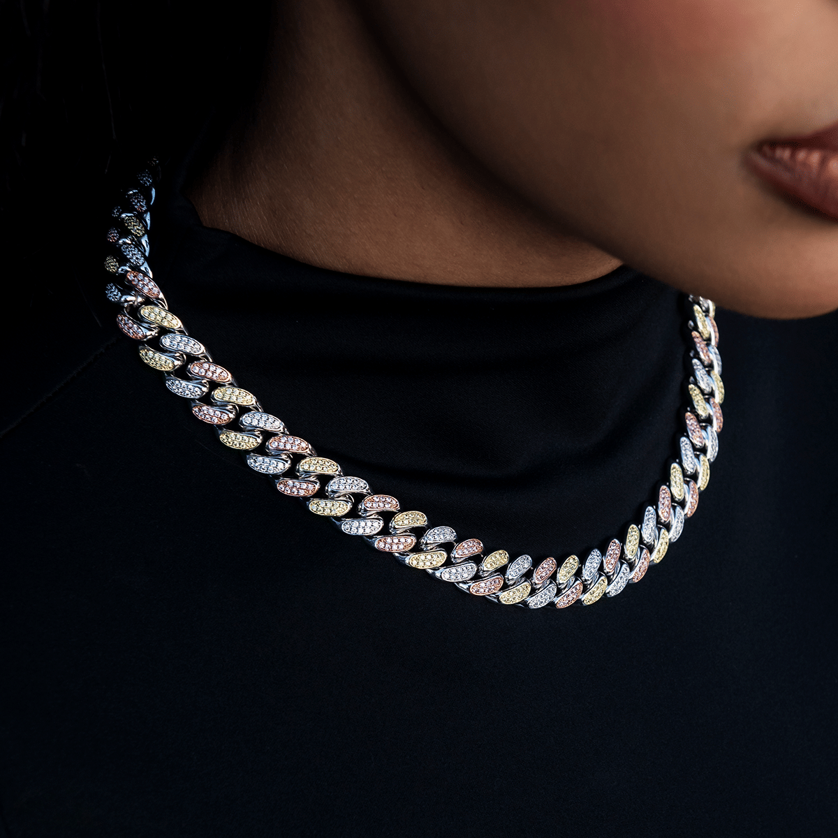 GLD Women Diamond Cuban Link Chain in Yellow/Rose/White Gold - 12 mm
