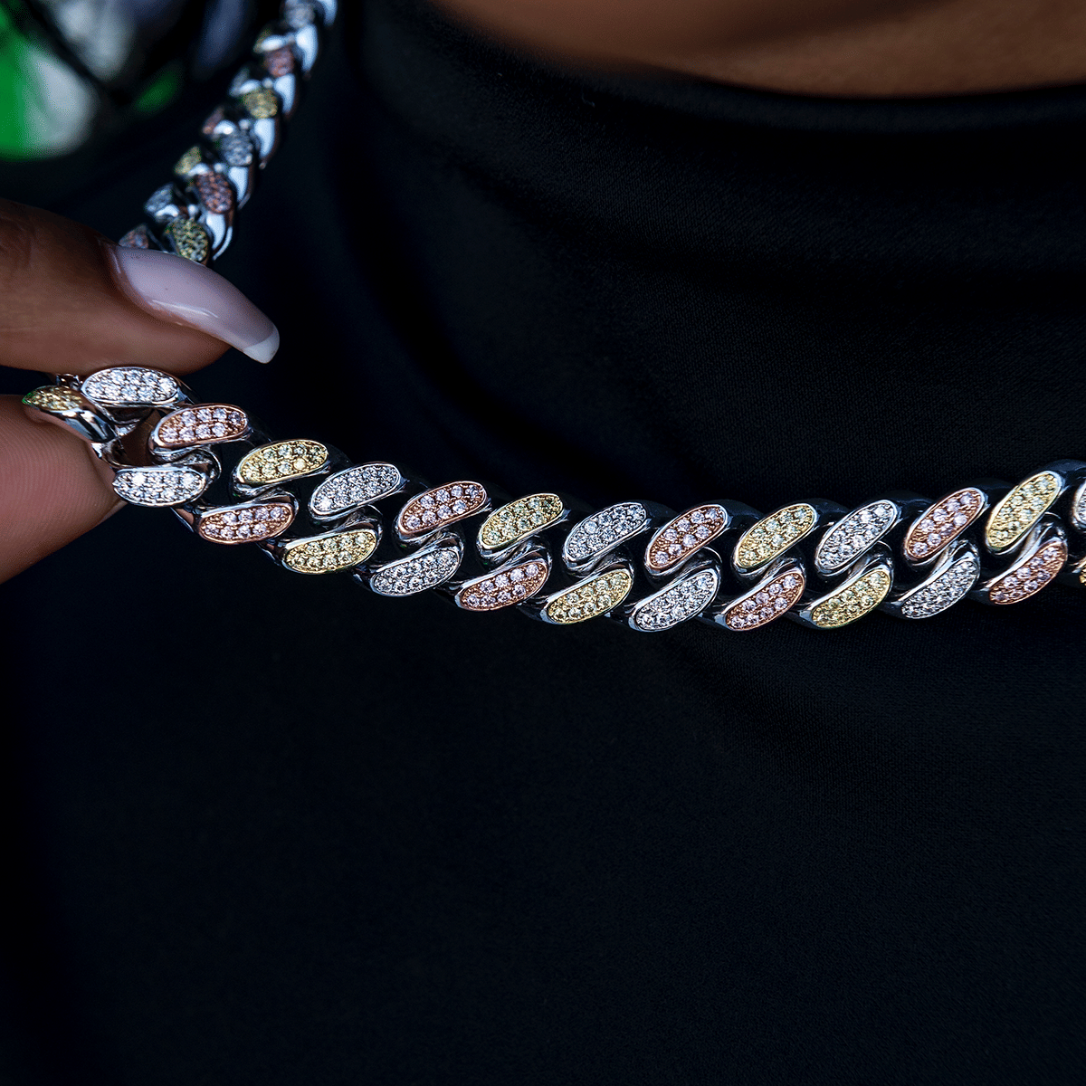 GLD Women Diamond Cuban Link Chain in Yellow/Rose/White Gold - 12 mm