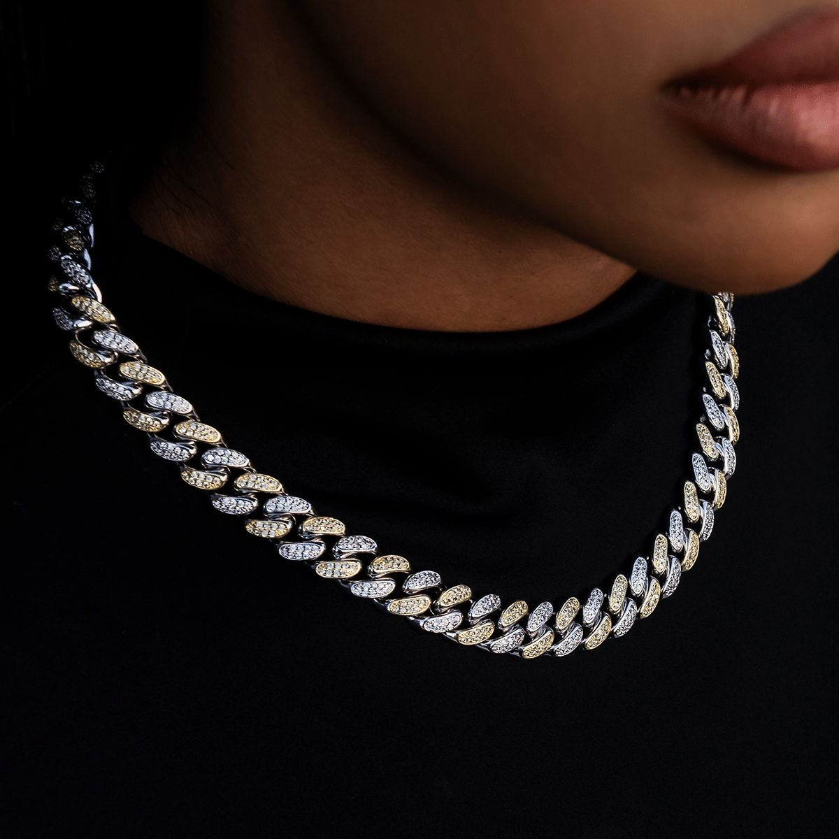 GLD Women Diamond Cuban Link Chain in White/Yellow Gold - 12 mm