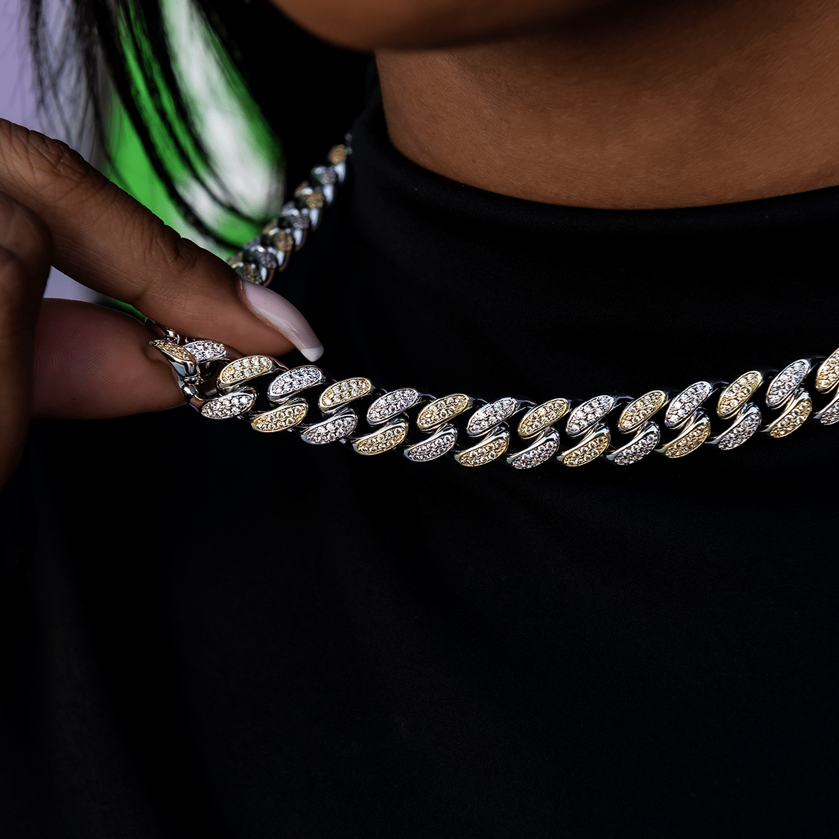 GLD Women Diamond Cuban Link Chain in White/Yellow Gold - 12 mm
