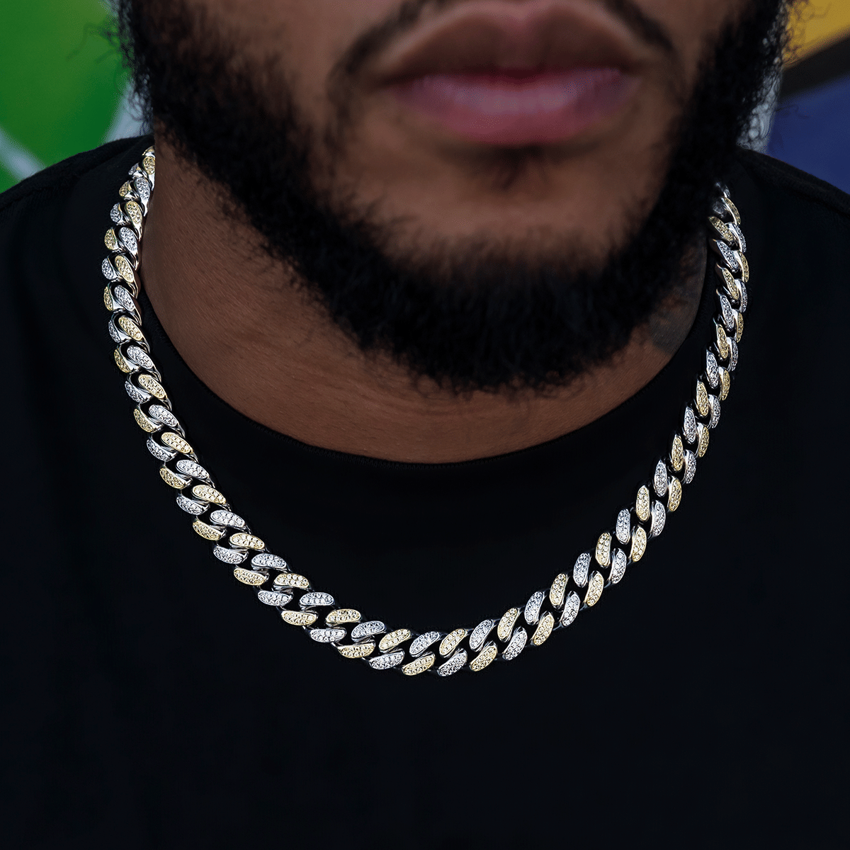 GLD Men Diamond Cuban Link Chain in White/Yellow Gold - 12 mm