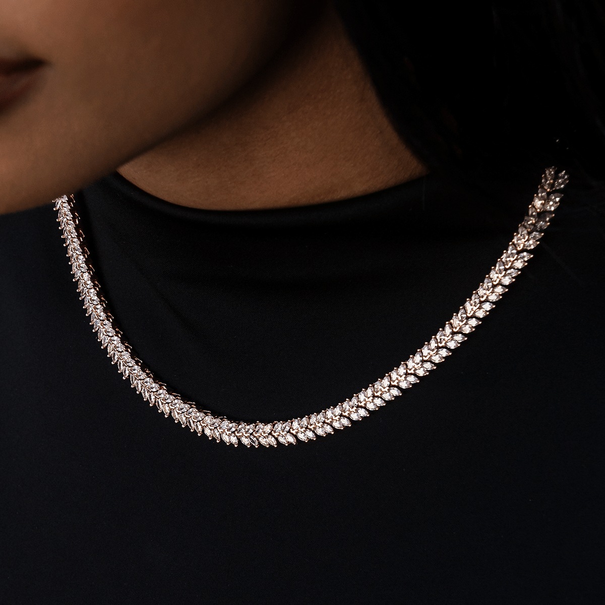GLD Women Iced Herringbone Necklace in Rose Gold - 7 mm