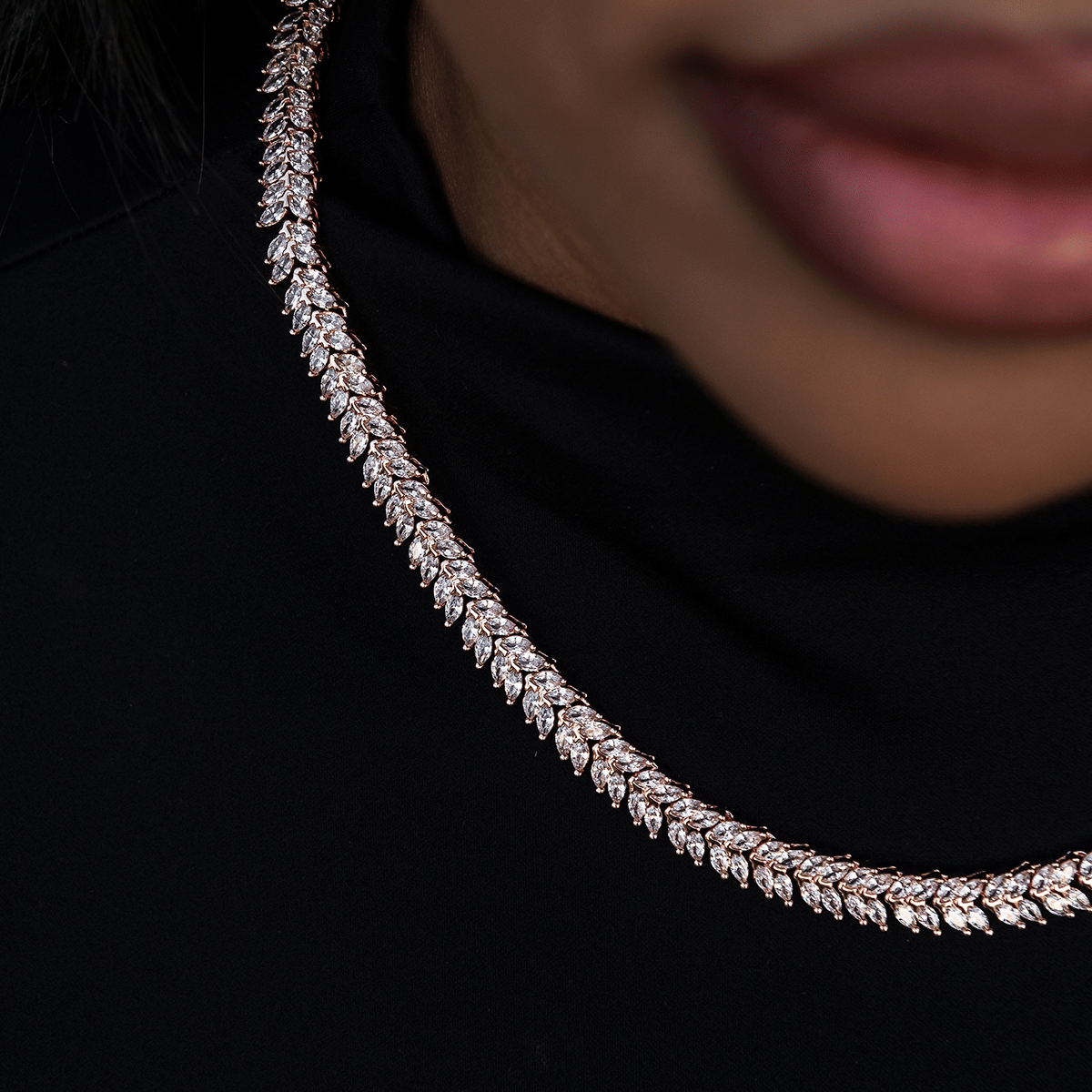GLD Women Iced Herringbone Necklace in Rose Gold - 7 mm