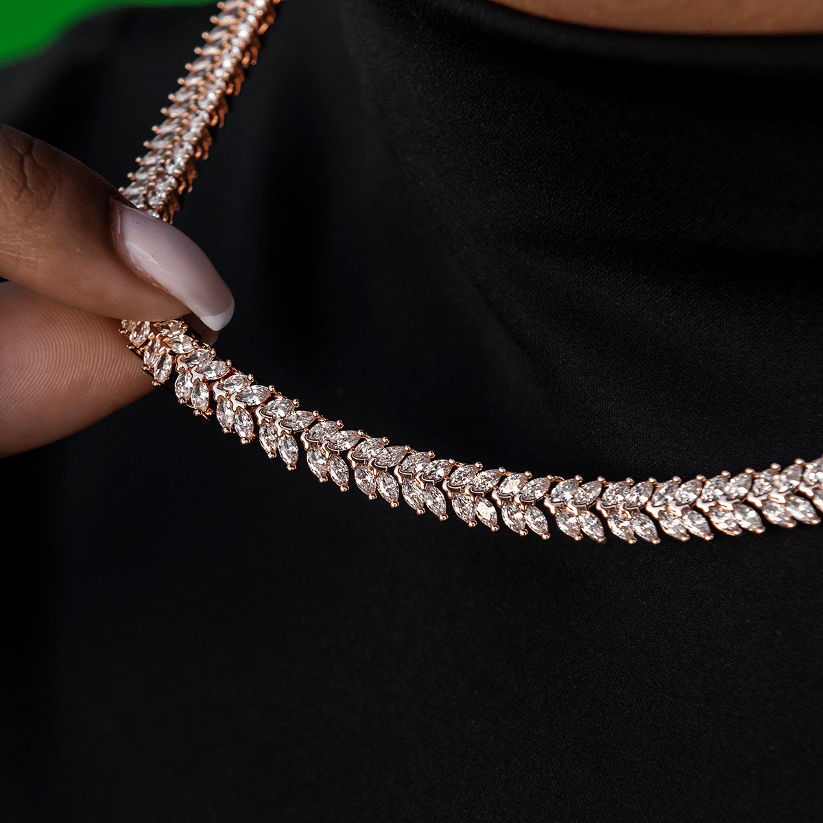 GLD Women Iced Herringbone Necklace in Rose Gold - 7 mm