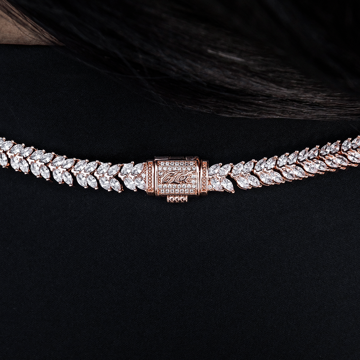 GLD Women Iced Herringbone Necklace in Rose Gold - 7 mm