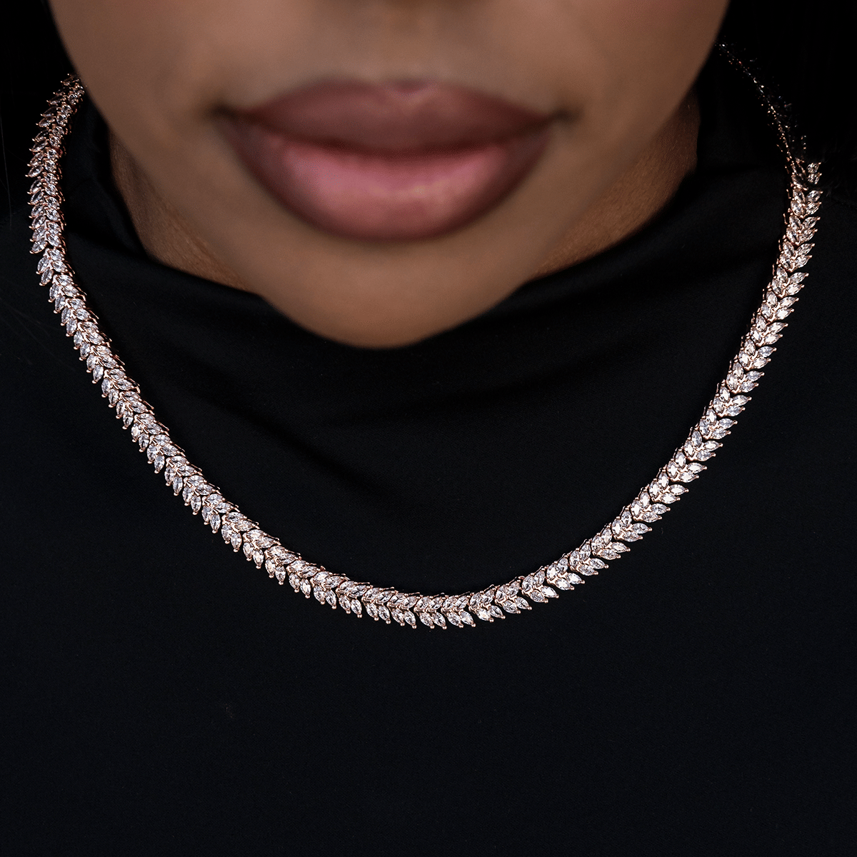 GLD Women Iced Herringbone Necklace in Rose Gold - 7 mm