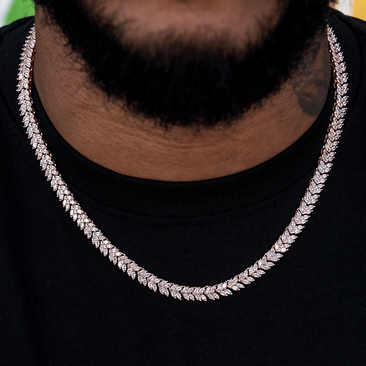 GLD Men Iced Herringbone Chain in Rose Gold - 7 mm