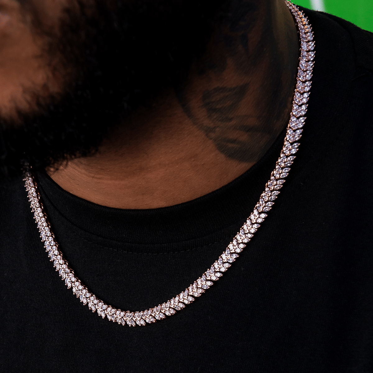 GLD Men Iced Herringbone Chain in Rose Gold - 7 mm