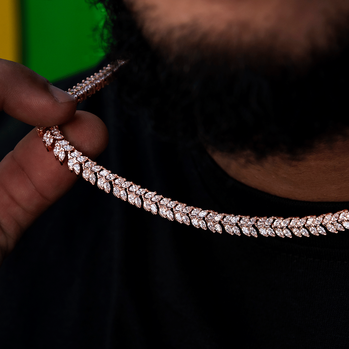 GLD Men Iced Herringbone Chain in Rose Gold - 7 mm