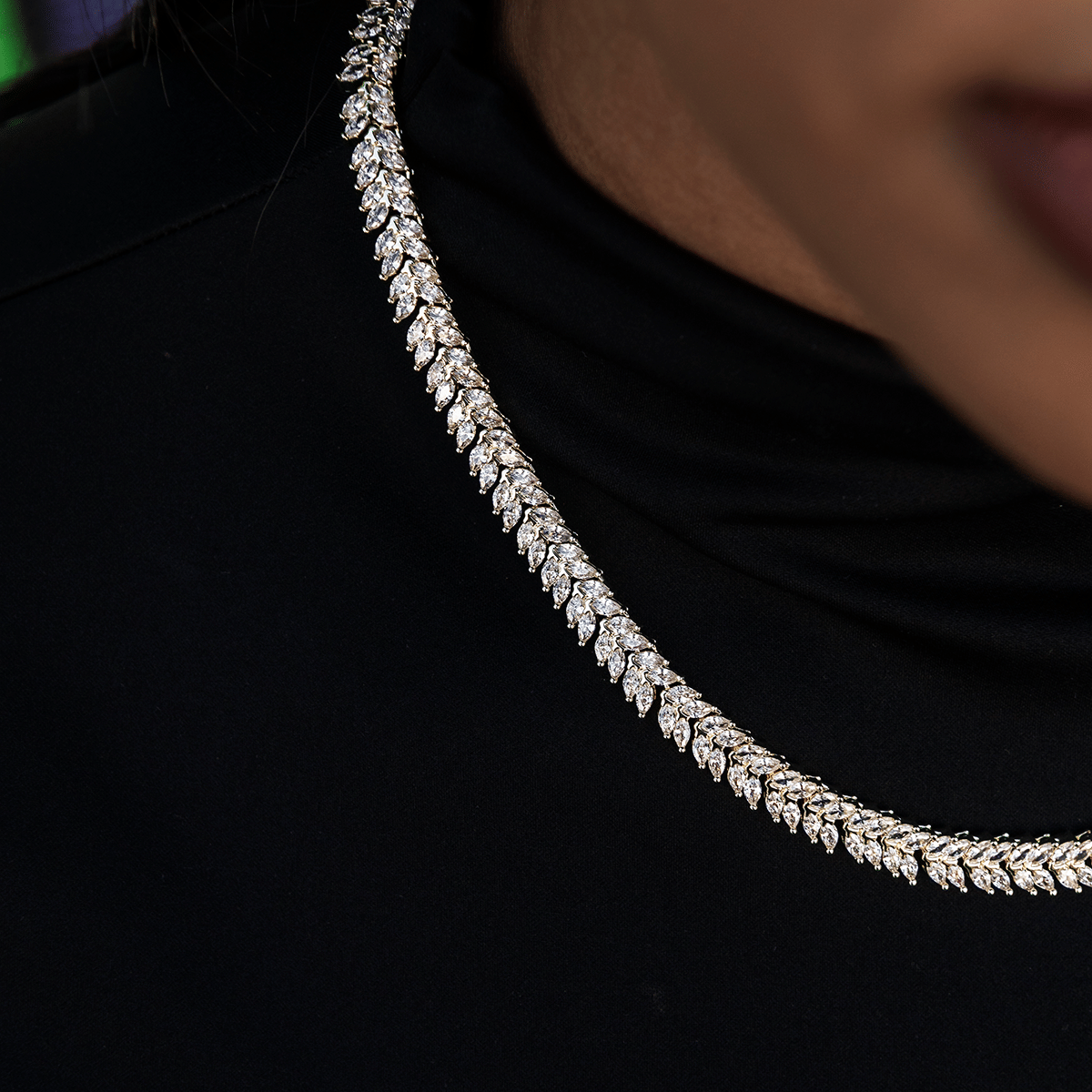 GLD Women Iced Herringbone Necklace in Yellow Gold - 7 mm