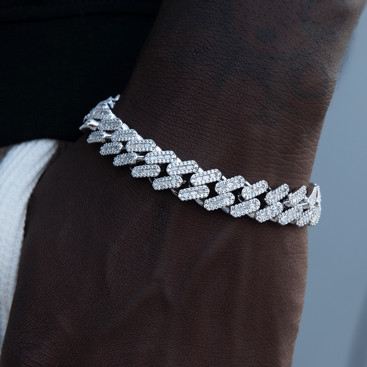 GLD Men Diamond Baguette Cuban Bracelet in White Gold - 12 mm