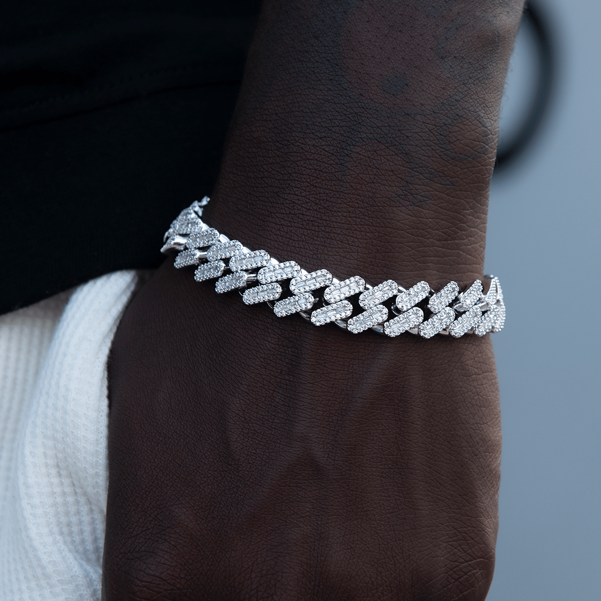 GLD Men Diamond Baguette Cuban Bracelet in White Gold - 12 mm