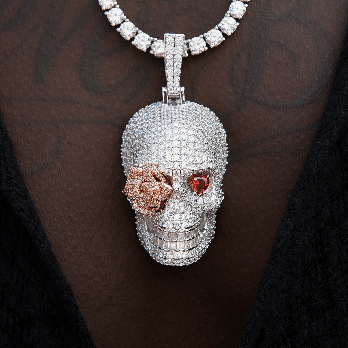 GLD Men Large Iced Rose Skull Pendant