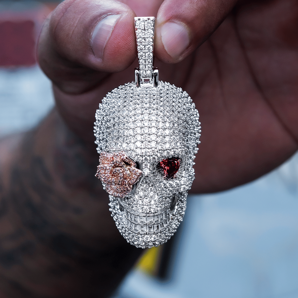 GLD Men Large Iced Rose Skull Pendant