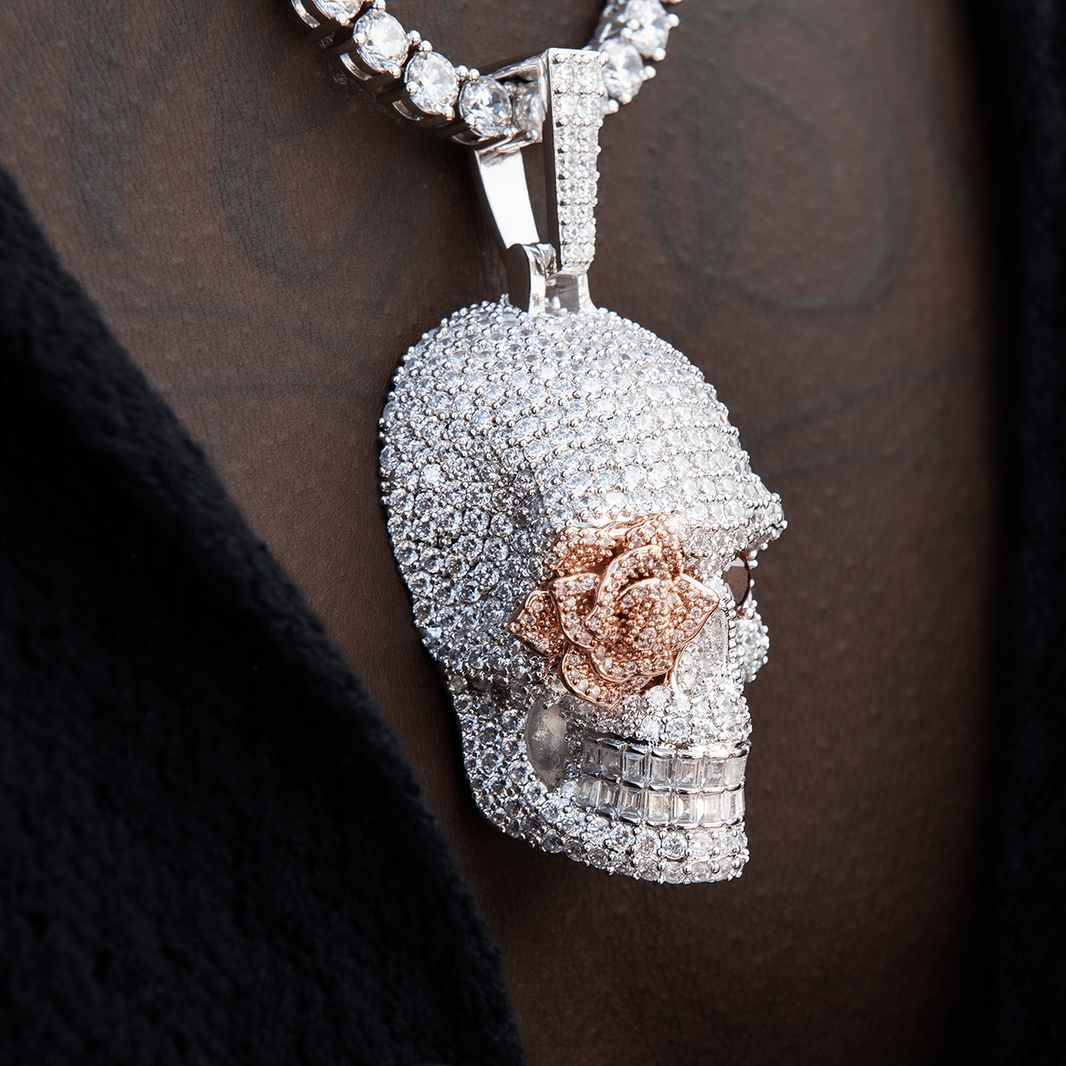 GLD Men Large Iced Rose Skull Pendant