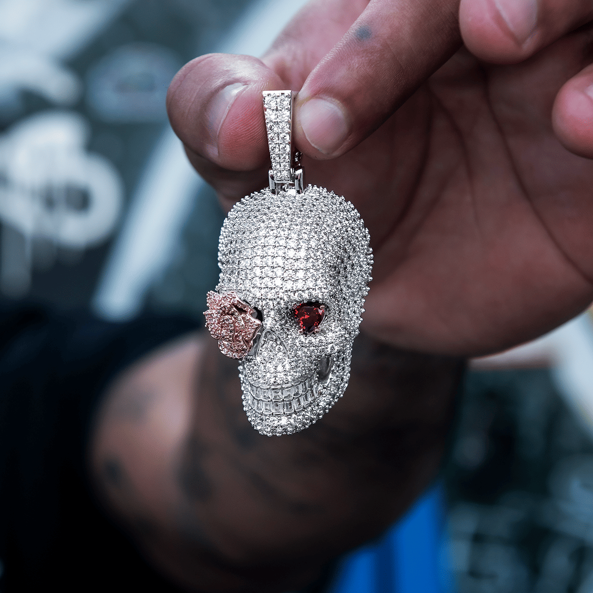 GLD Men Large Iced Rose Skull Pendant