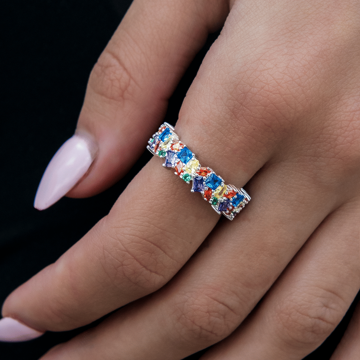 GLD Women Multicolor Gemstone Ring - White Gold Vermeil