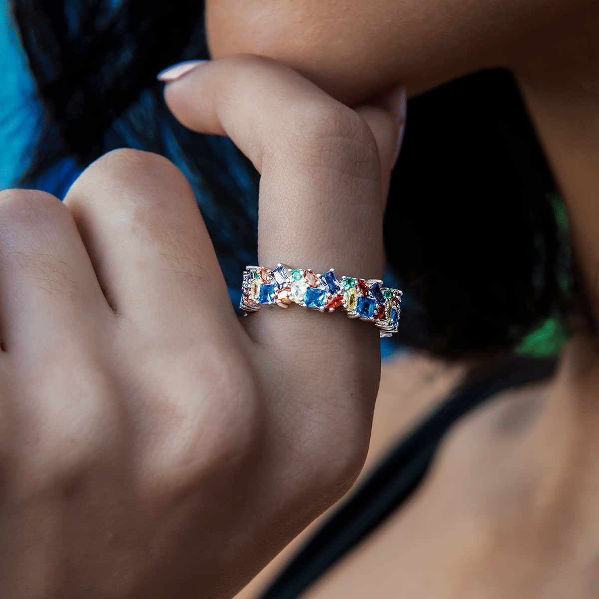 GLD Women Multicolor Gemstone Ring - White Gold Vermeil