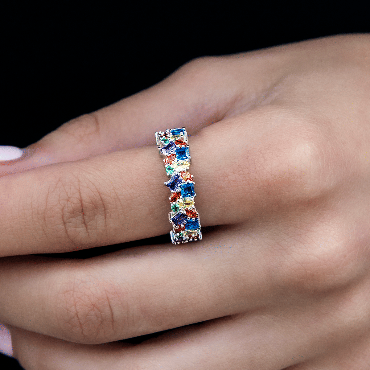 GLD Women Multicolor Gemstone Ring - White Gold Vermeil