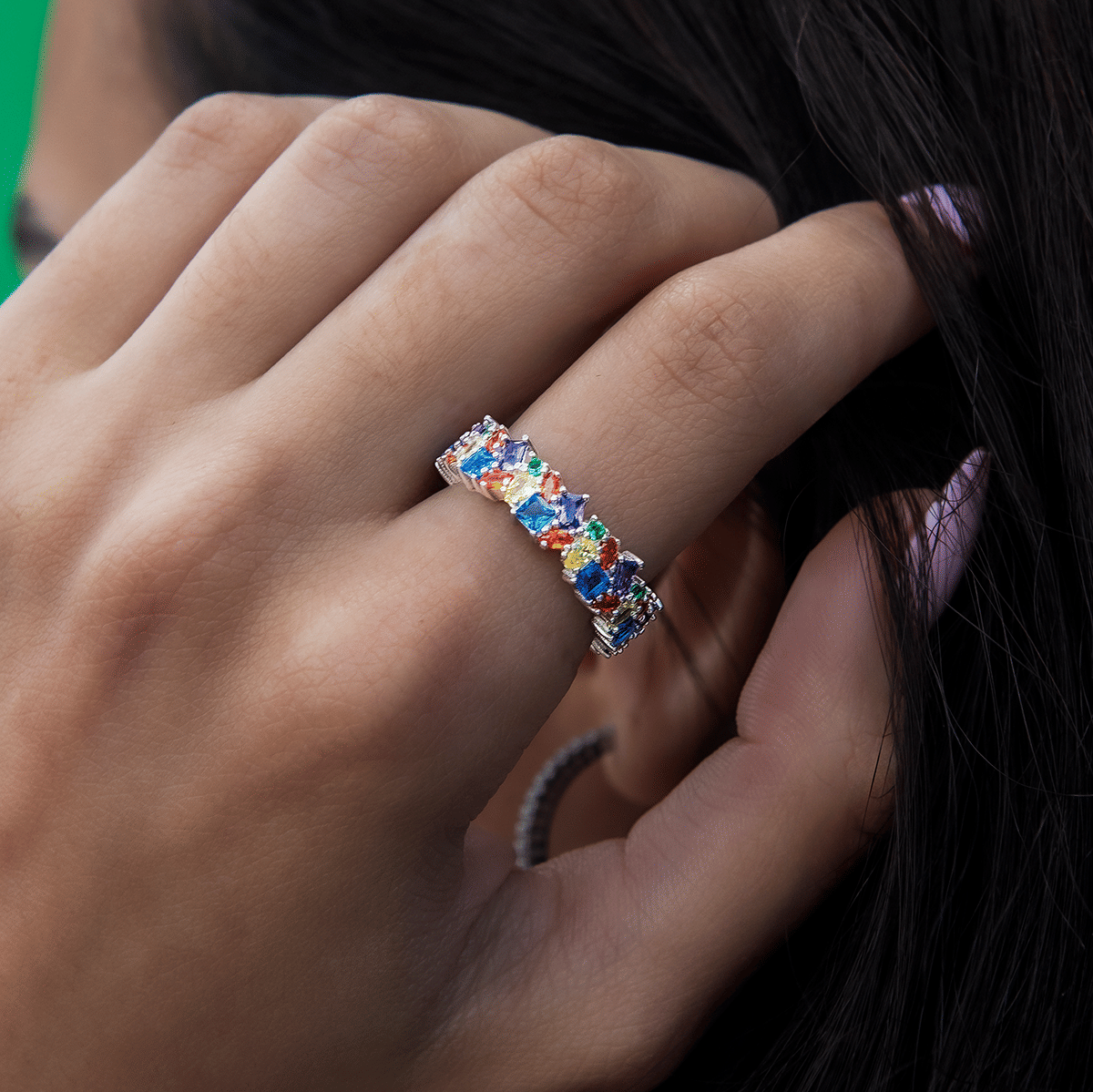 GLD Women Multicolor Gemstone Ring - White Gold Vermeil