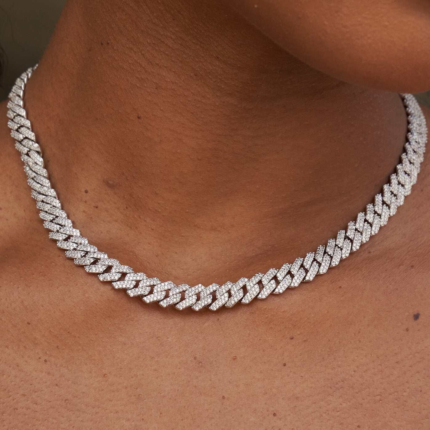 GLD Women 8.5 mm Diamond Prong Cuban Necklace - White Gold