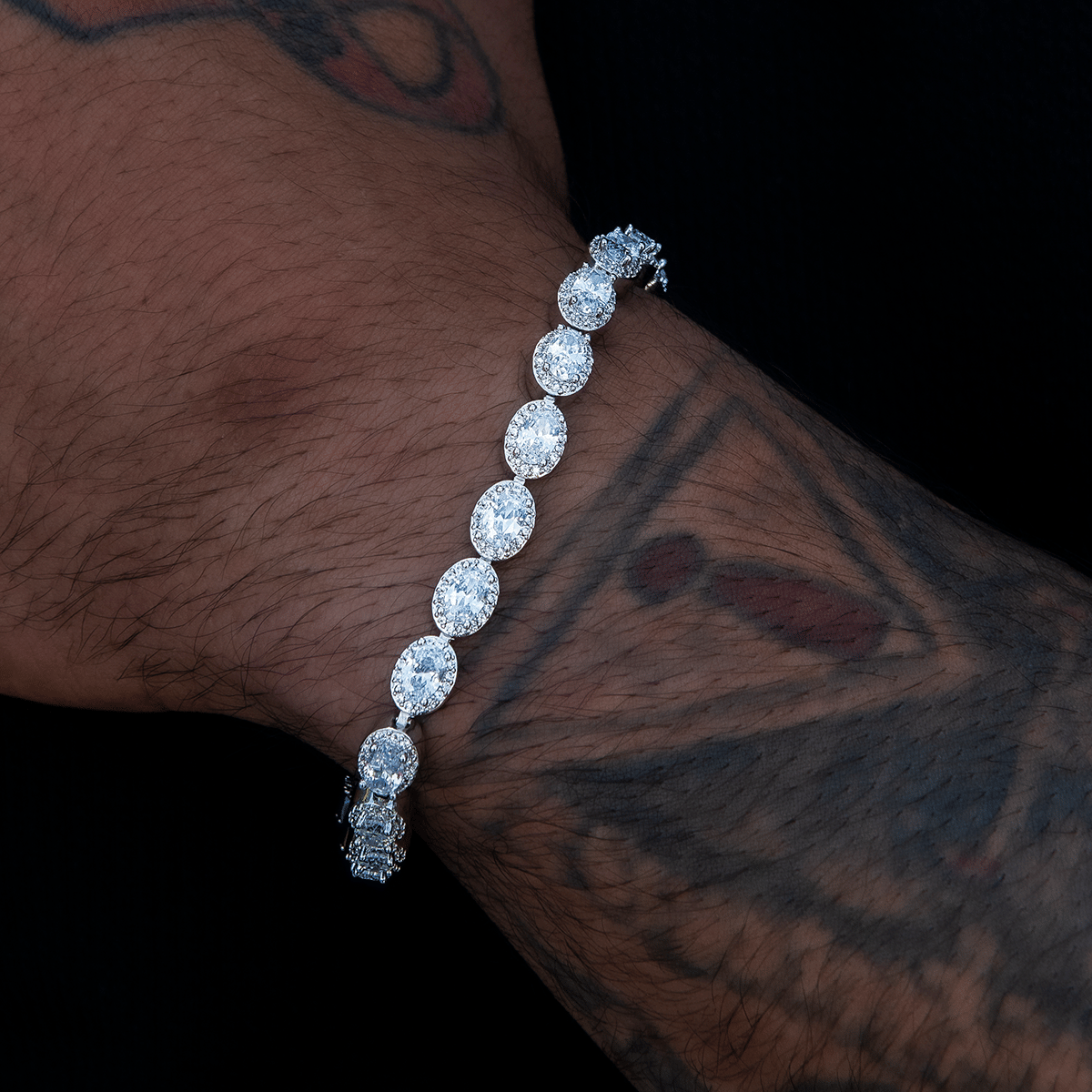 GLD Men Diamond Oval Clustered Tennis Bracelet in White Gold - 4 mm