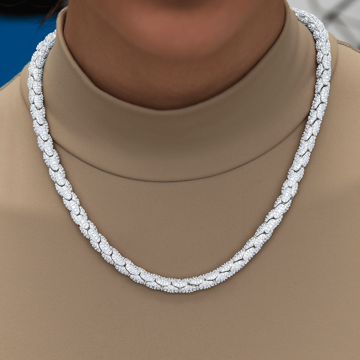 GLD Women Diamond Pave Snake Link Necklace in White Gold - 6 mm