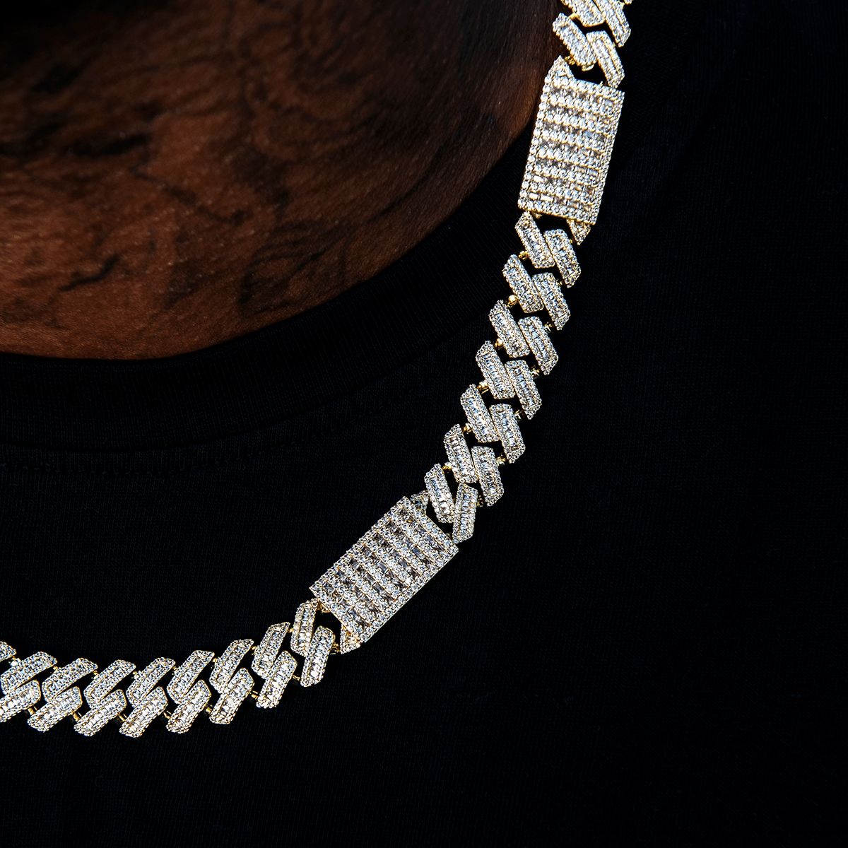 GLD Men Diamond Baguette Station Cuban Chain in Yellow Gold - 12 mm