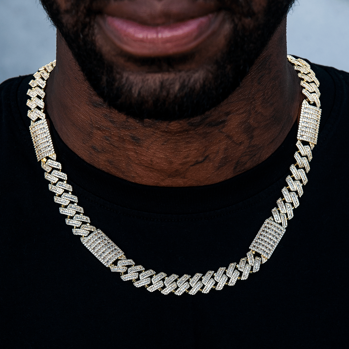GLD Men Diamond Baguette Station Cuban Chain in Yellow Gold - 12 mm