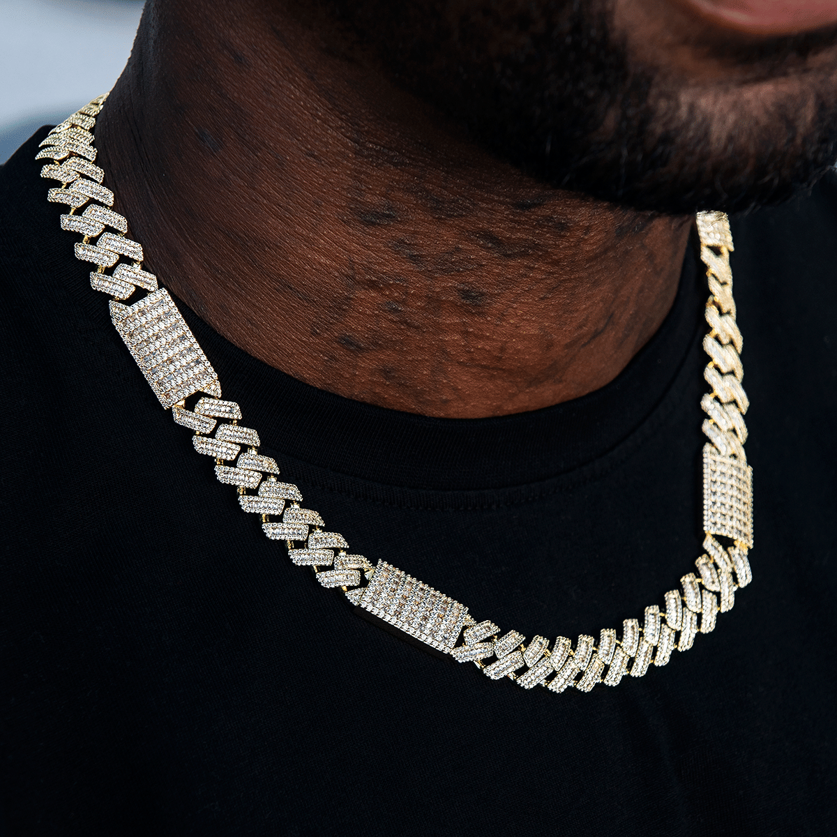 GLD Men Diamond Baguette Station Cuban Chain in Yellow Gold - 12 mm