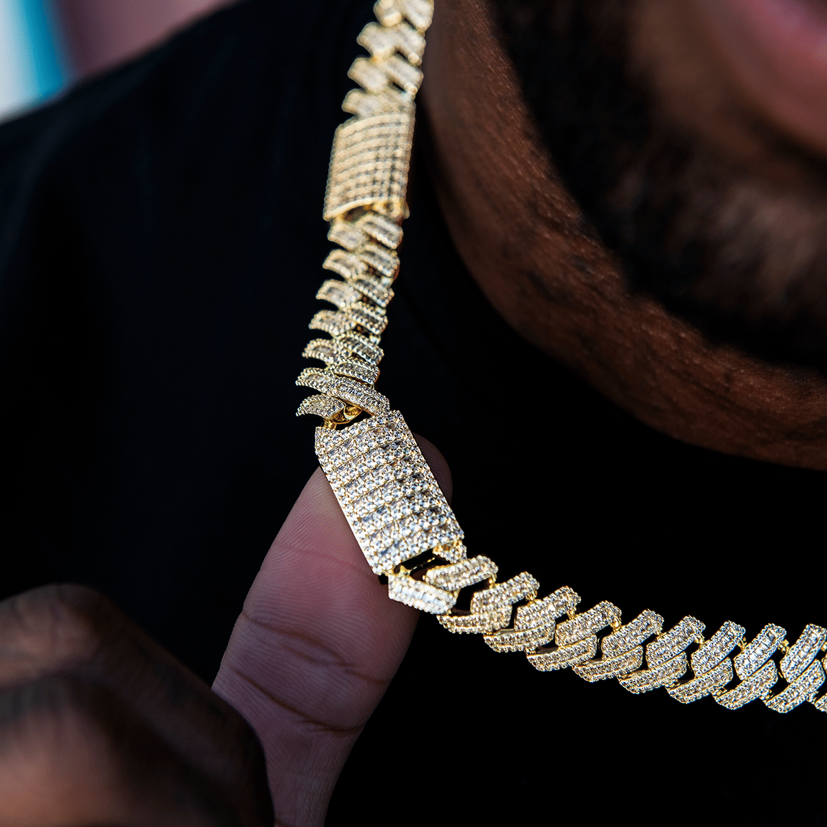 GLD Men Diamond Baguette Station Cuban Chain in Yellow Gold - 12 mm