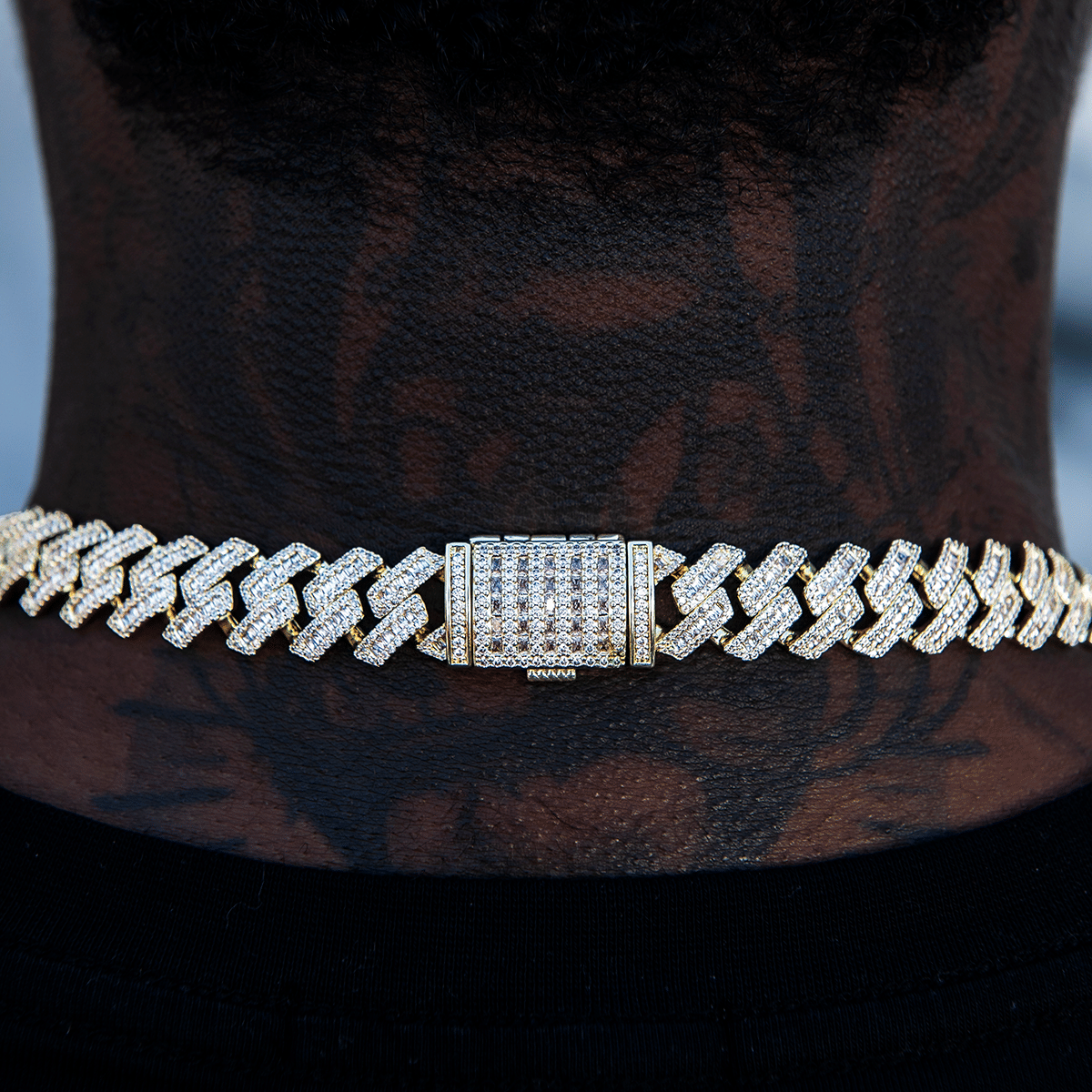 GLD Men Diamond Baguette Station Cuban Chain in Yellow Gold - 12 mm