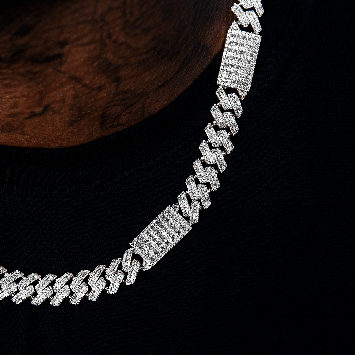 GLD Men Diamond Baguette Station Cuban Chain in White Gold - 12 mm