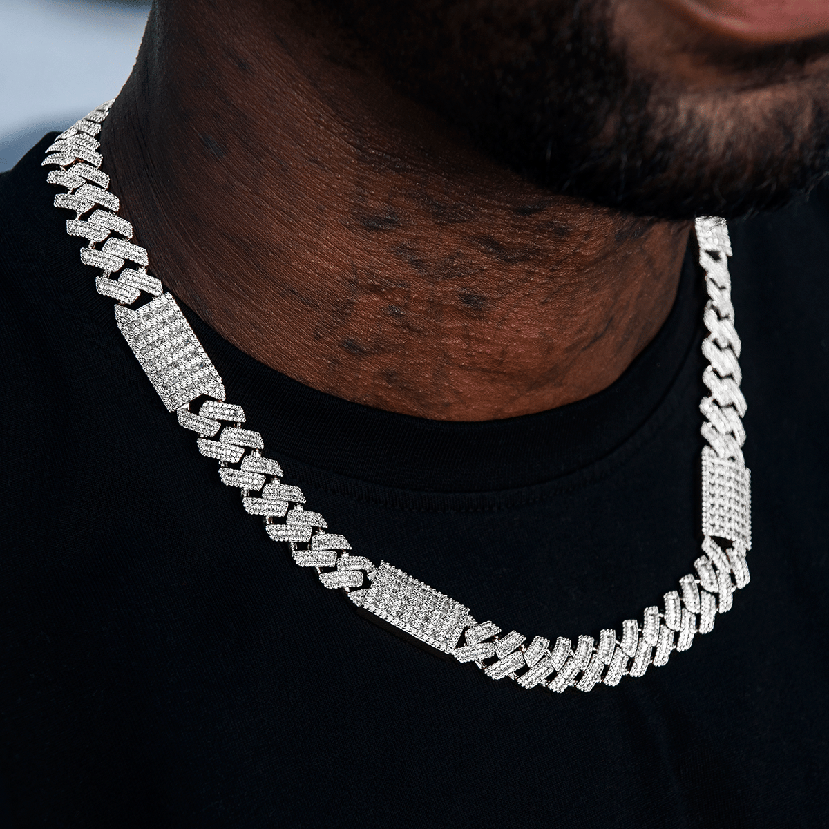 GLD Men Diamond Baguette Station Cuban Chain in White Gold - 12 mm
