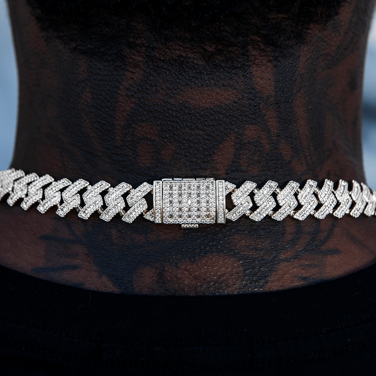 GLD Men Diamond Baguette Station Cuban Chain in White Gold - 12 mm