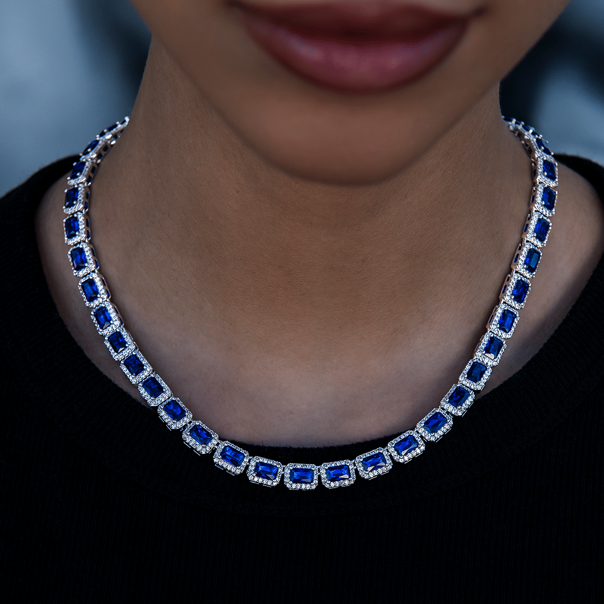 GLD Women Sapphire Cushion Cut Tennis Necklace in White Gold