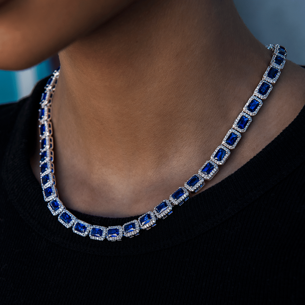 GLD Women Sapphire Cushion Cut Tennis Necklace in White Gold