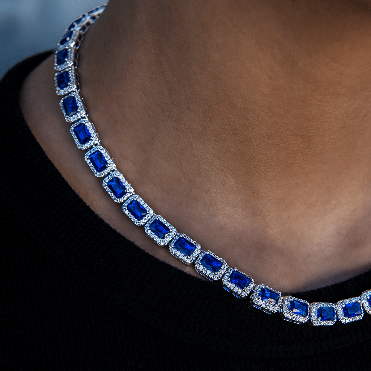 GLD Women Sapphire Cushion Cut Tennis Necklace in White Gold