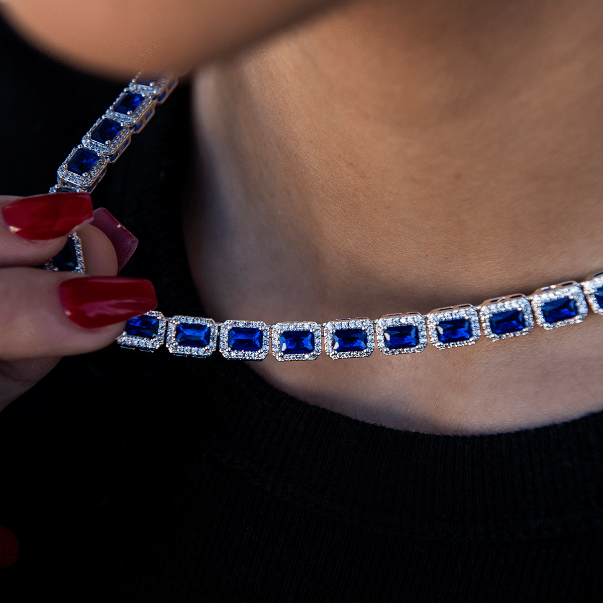 GLD Women Sapphire Cushion Cut Tennis Necklace in White Gold