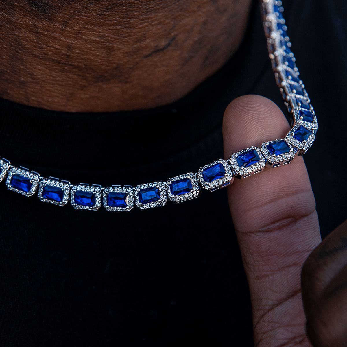 GLD Men Sapphire Cushion Cut Tennis Chain in White Gold - 7 mm