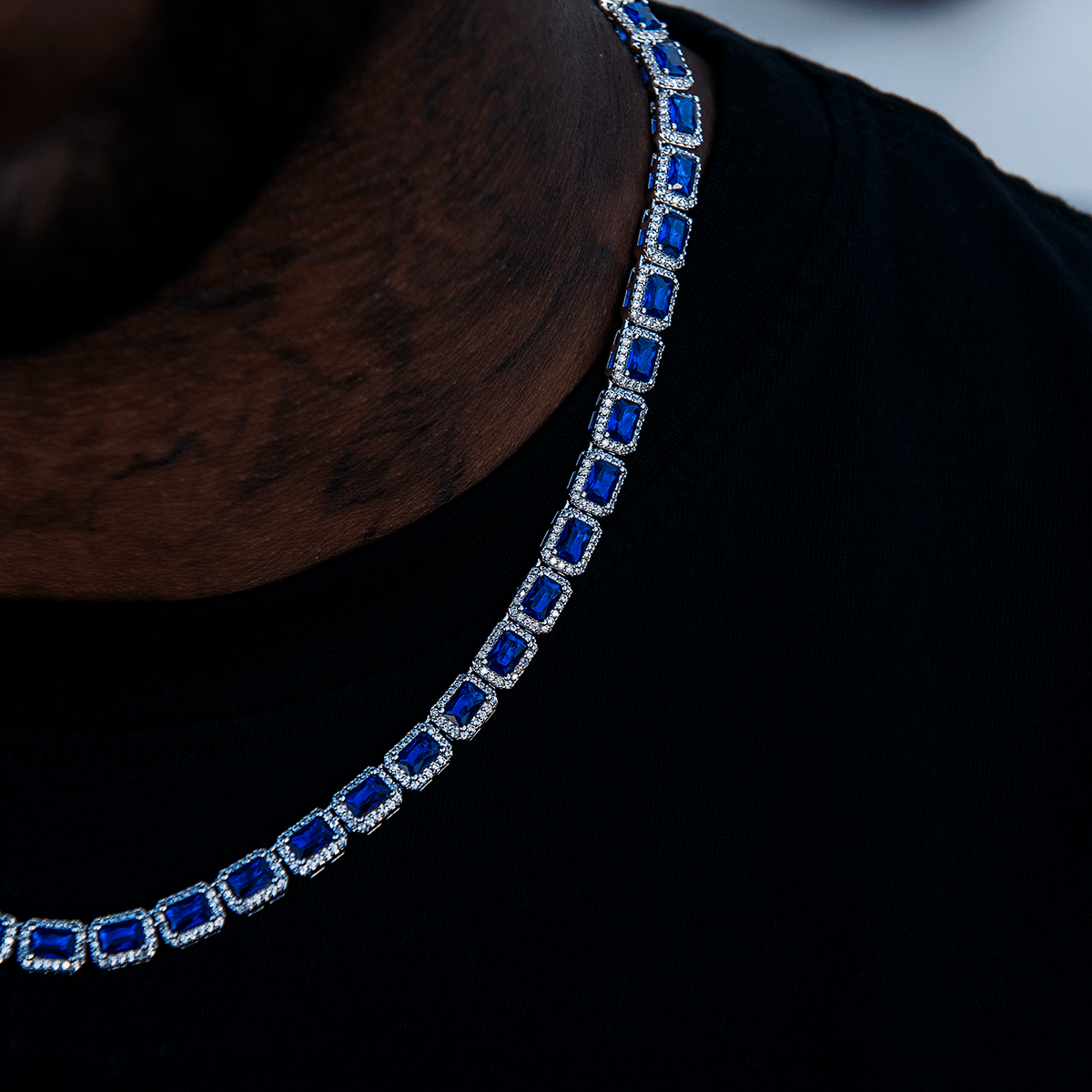 GLD Men Sapphire Cushion Cut Tennis Chain in White Gold - 7 mm
