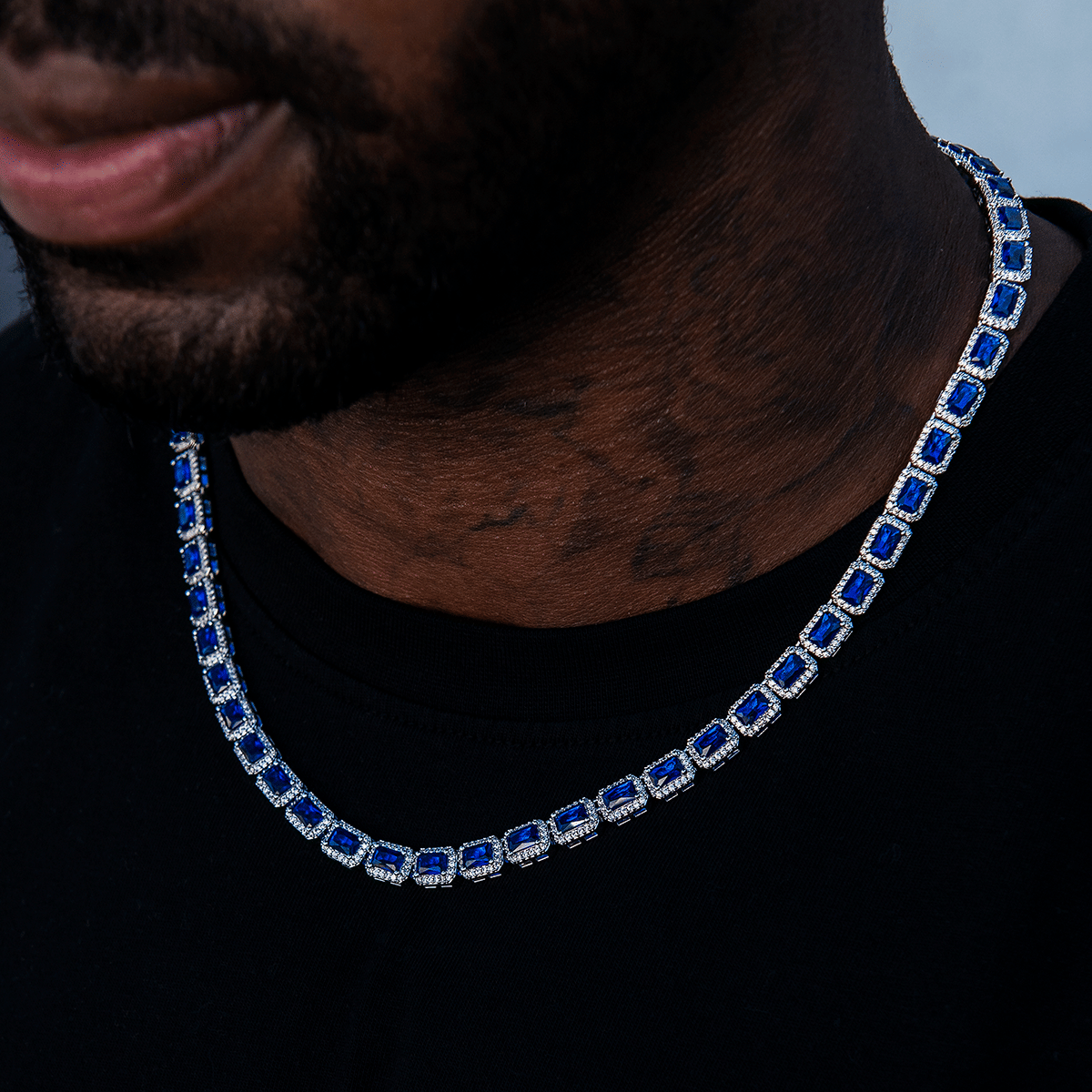 GLD Men Sapphire Cushion Cut Tennis Chain in White Gold - 7 mm
