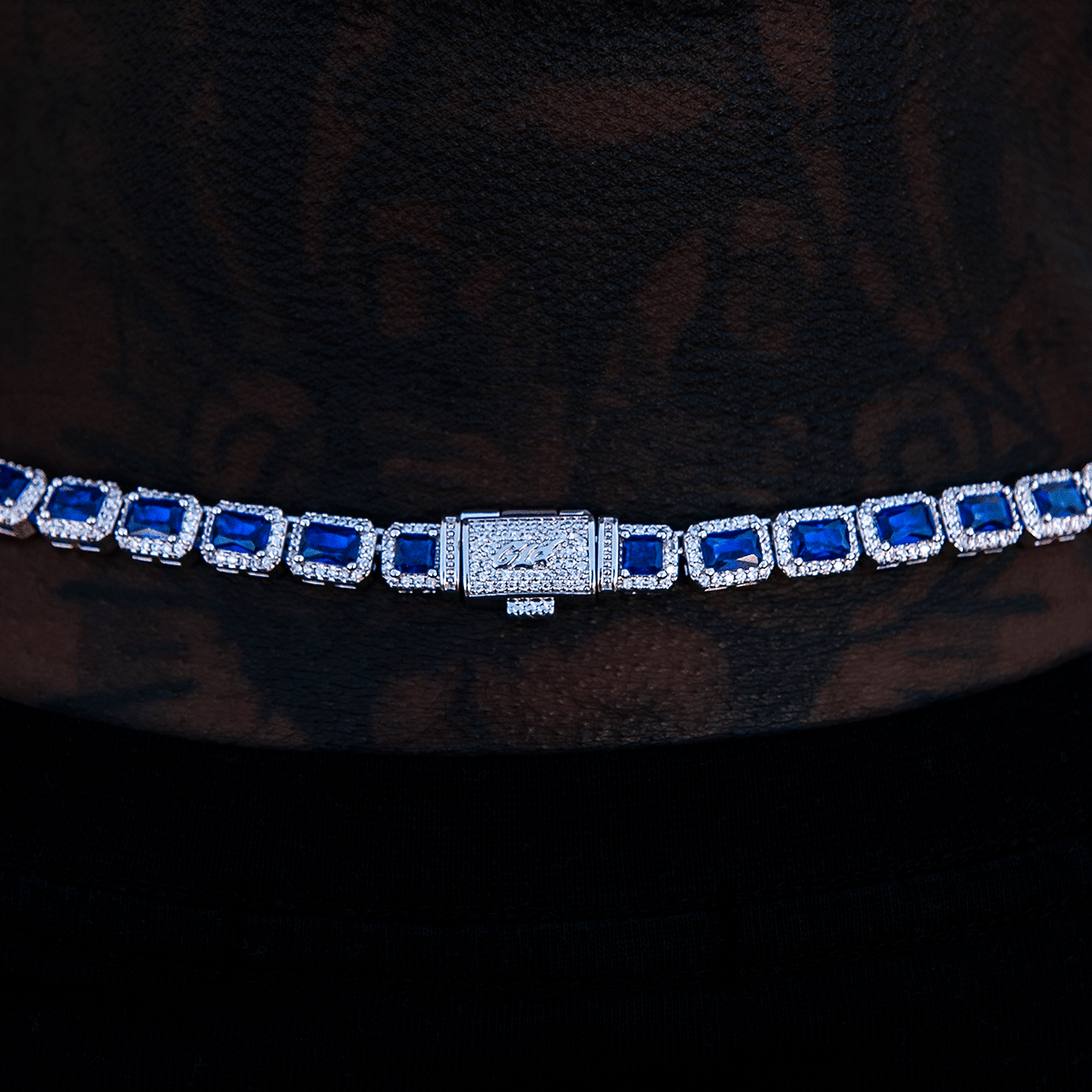 GLD Men Sapphire Cushion Cut Tennis Chain in White Gold - 7 mm