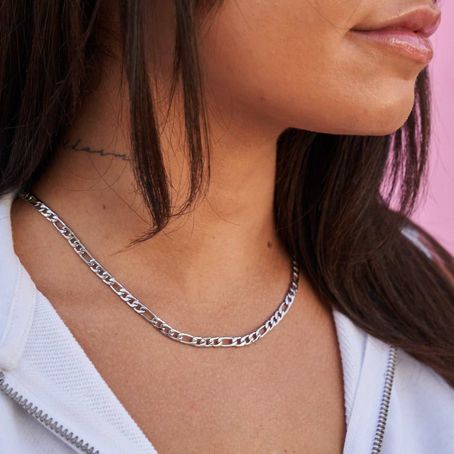 GLD Women Figaro Link Necklace in White Gold - 4 mm