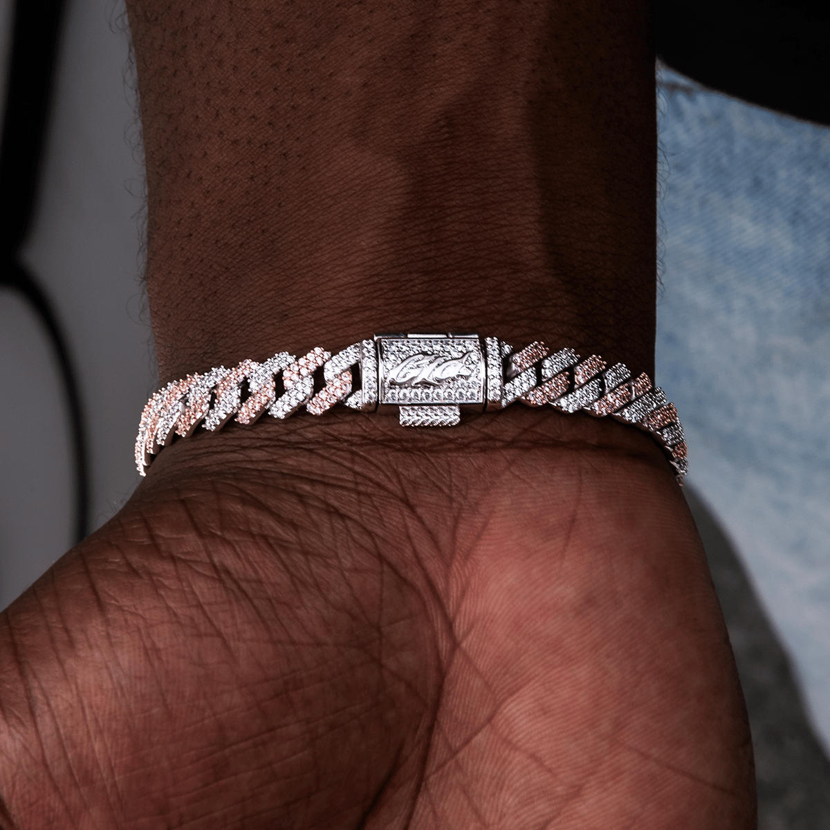 GLD Men Diamond Prong Cuban Bracelet in Rose/White Gold - 8.5 mm