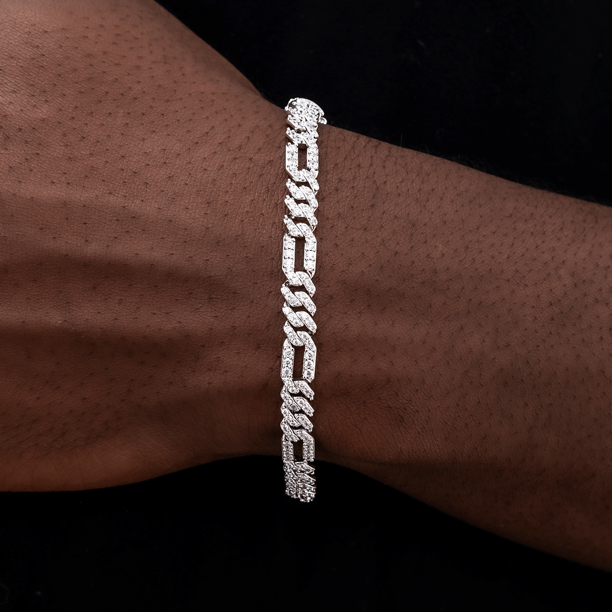 GLD Men Diamond Figaro Bracelet in White Gold - 6 mm
