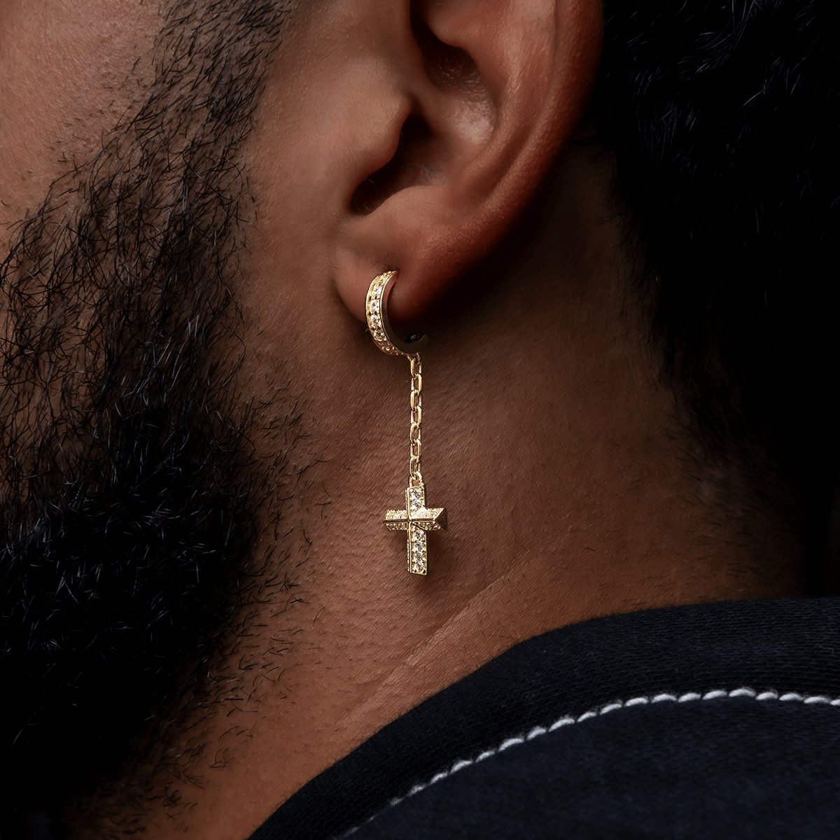 GLD Men Alternate Cross Drop Hoop + Iced Hoop Huggie Earring Set